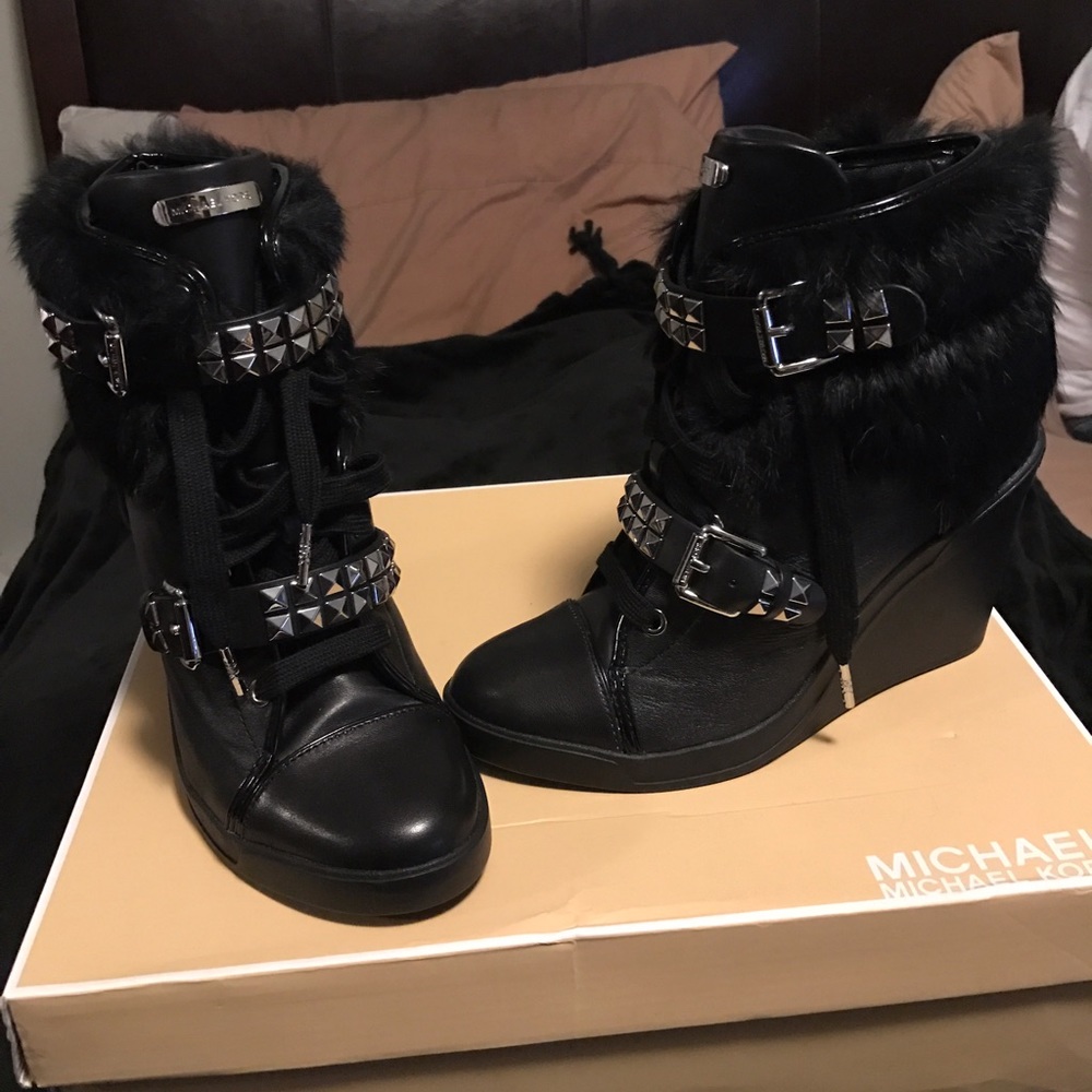 Michael Kors Rabbit Fur Studded Wedge Sneakers